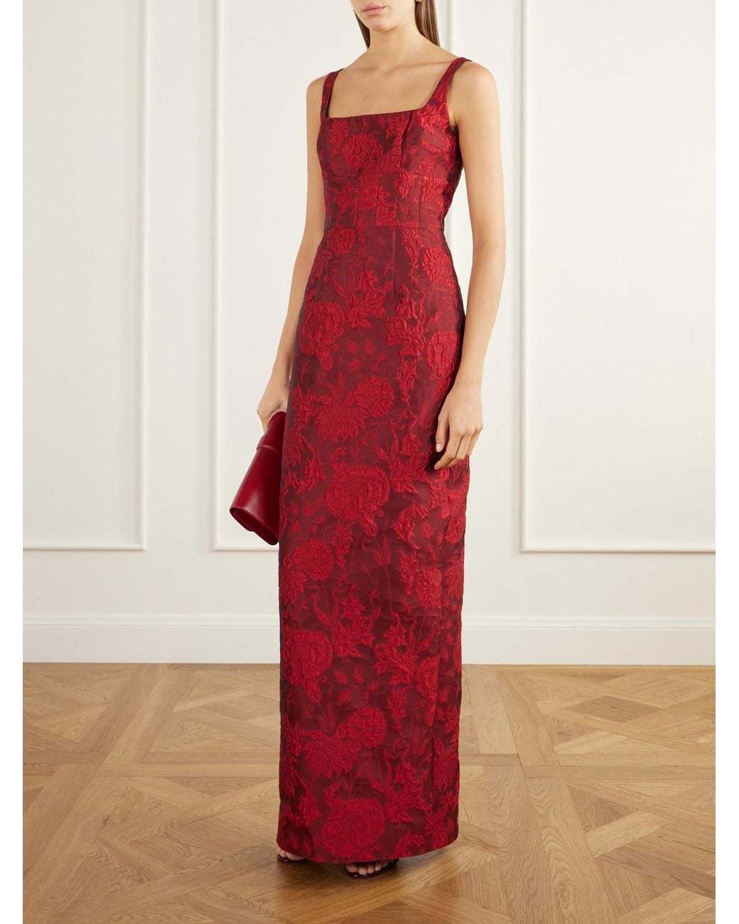 Emilia Wickstead Red Megara Paneled Darted Floral-Cloqué Gown
