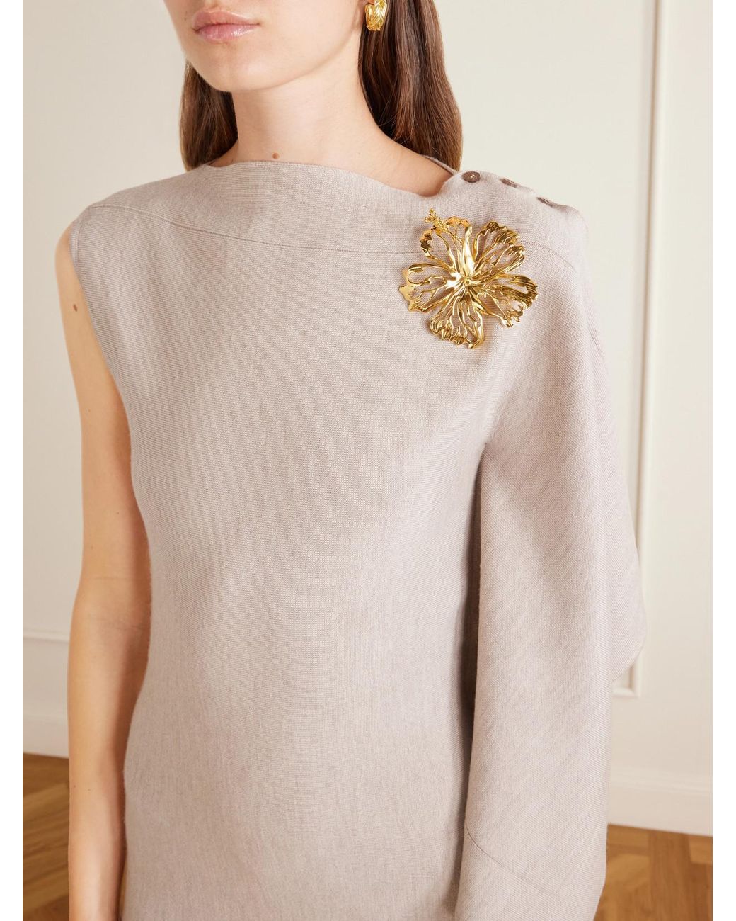 Oscar de la Renta Natural Draped Wool-Blend Knitted Midi Dress
