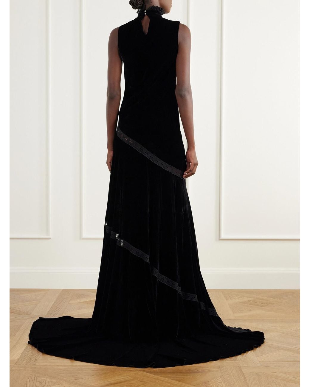Ann Demeulemeester Black Lace-Trimmed Velvet Gown