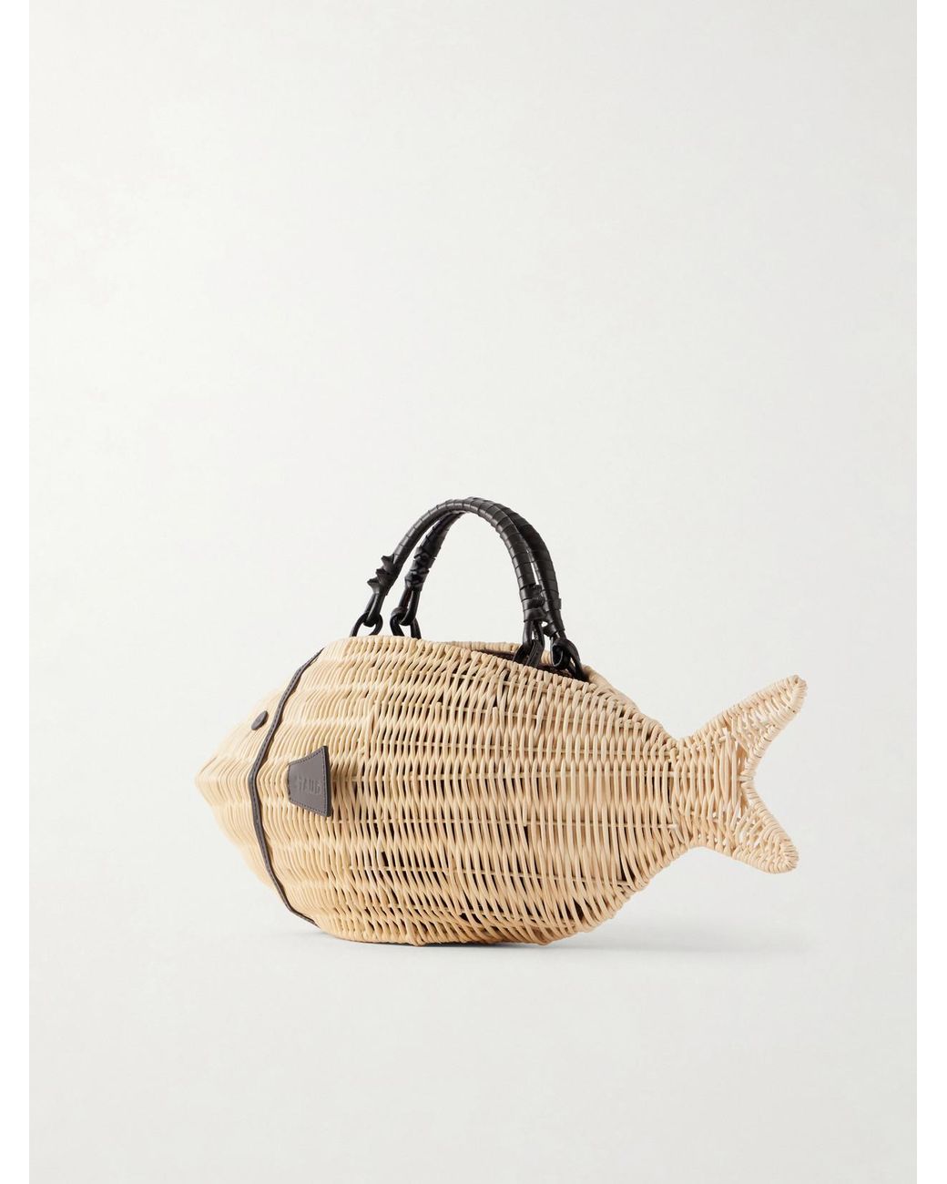 Staud Natural Cleo Fish Mini Leather-Trimmed Raffia Tote