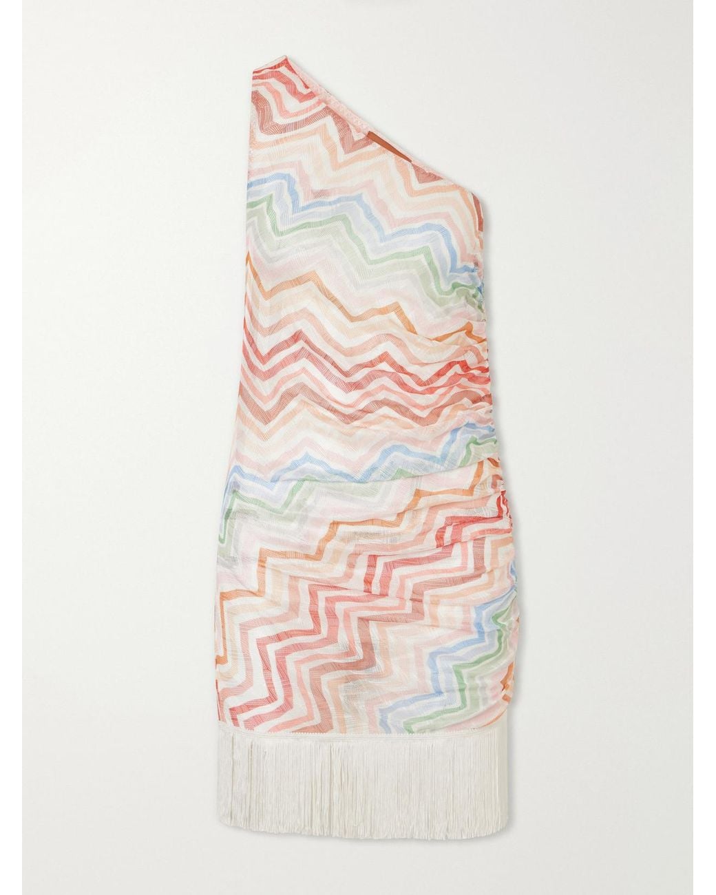Missoni White One-Shoulder Fringed Striped Crochet-Knit Mini Dress