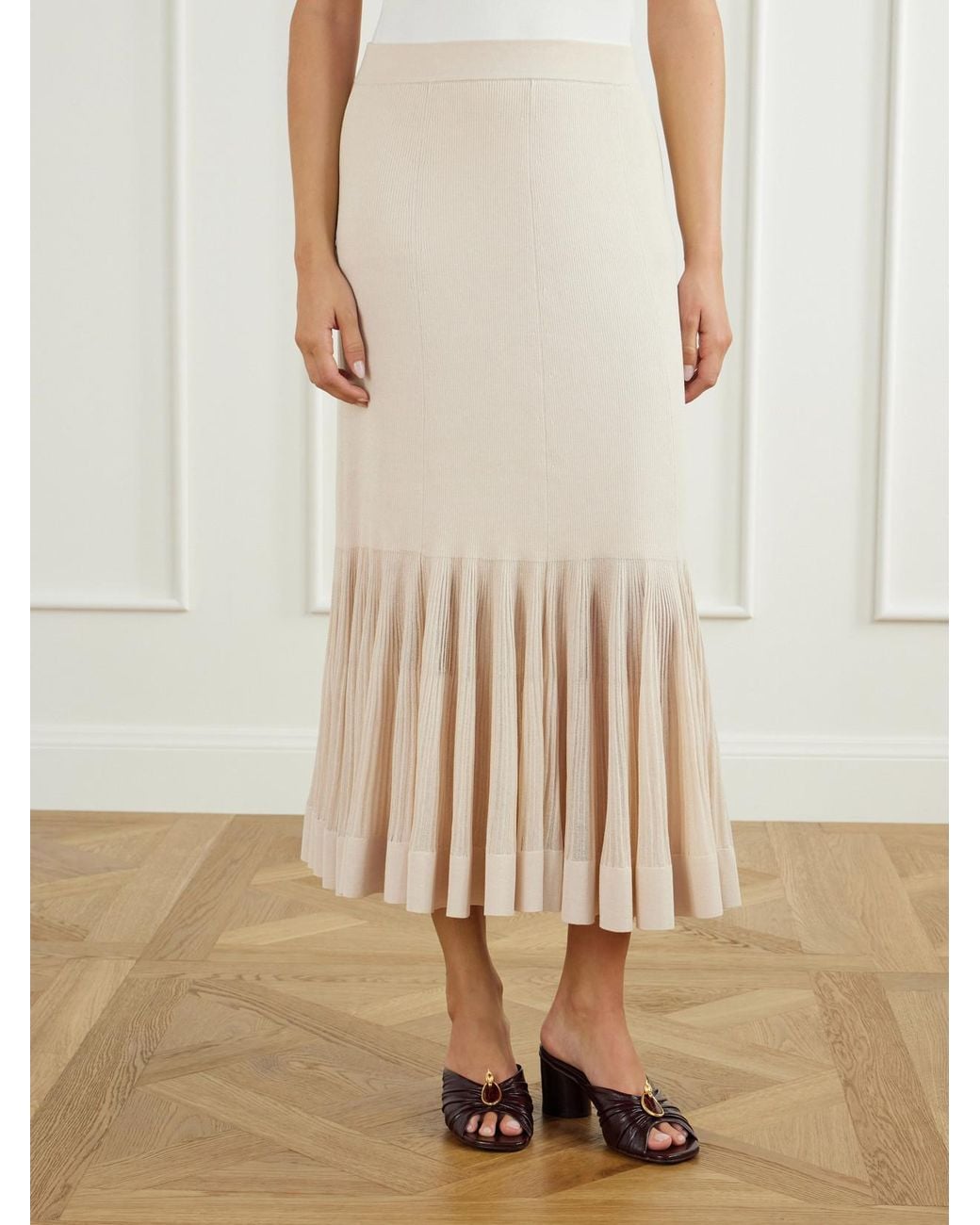 Zimmermann Natural Clash Pleated Metallic Jersey Midi Skirt