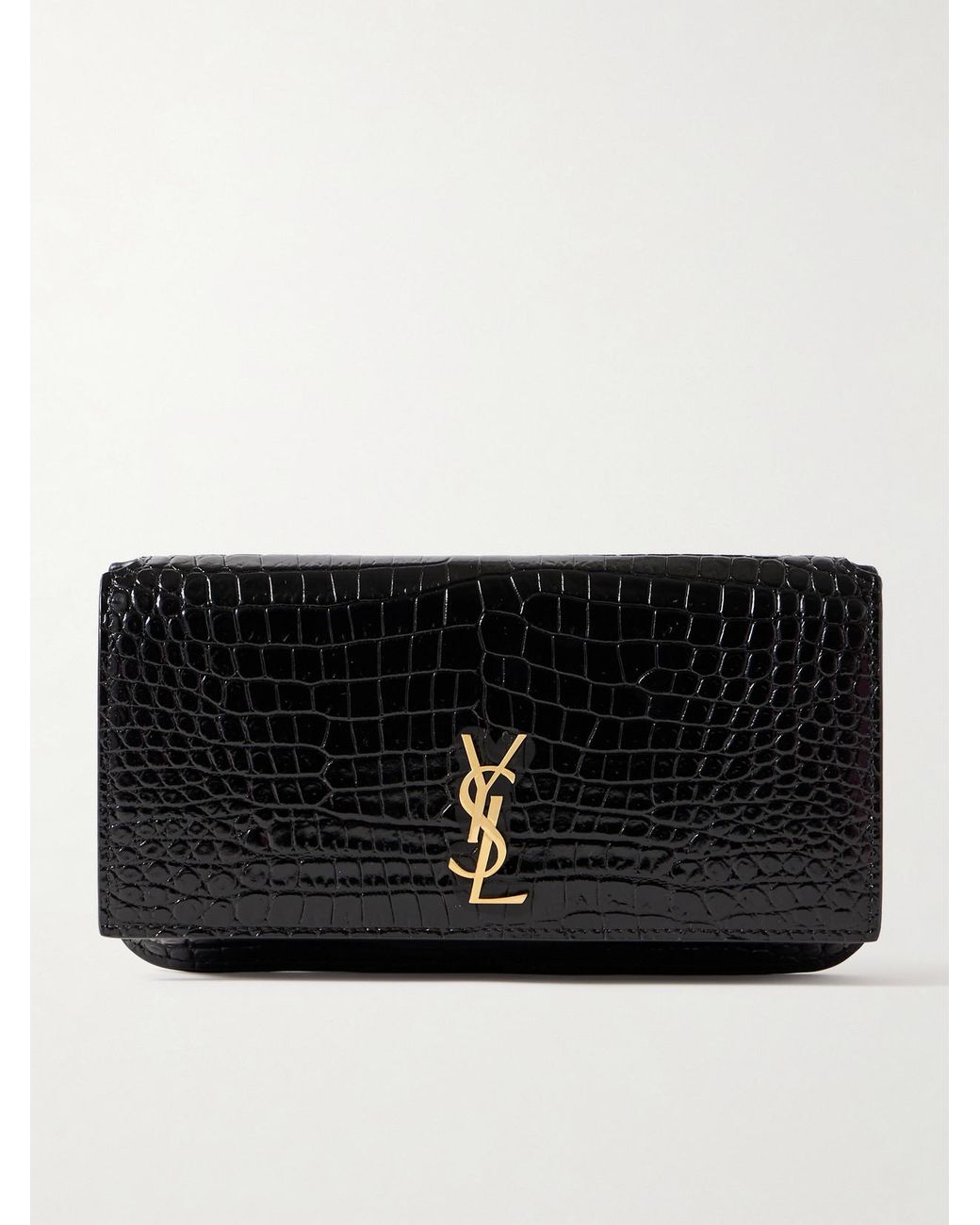 Saint Laurent Black Cassandre Croc-Effect Leather Phone Pouch