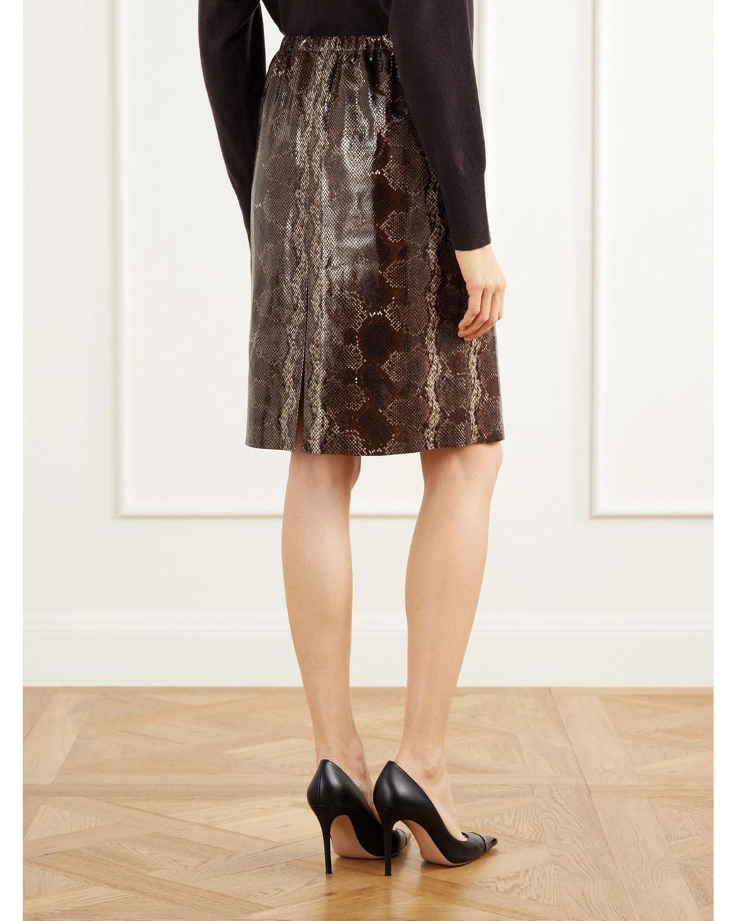 Nour Hammour Brown Sabella Gathered Snake-Effect Patent-Leather Midi Skirt