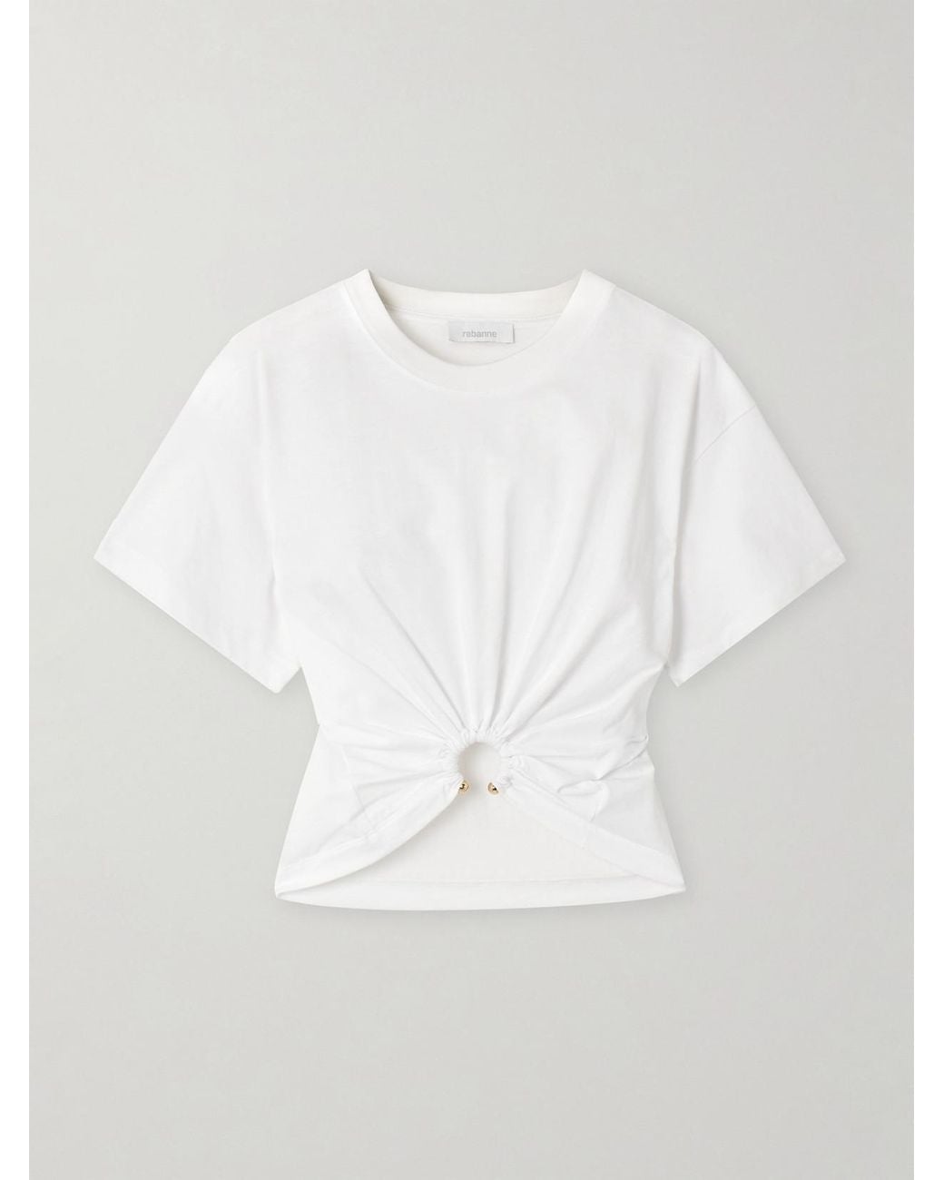 Rabanne White Cropped Embellished Gathered Cotton-Jersey T-Shirt