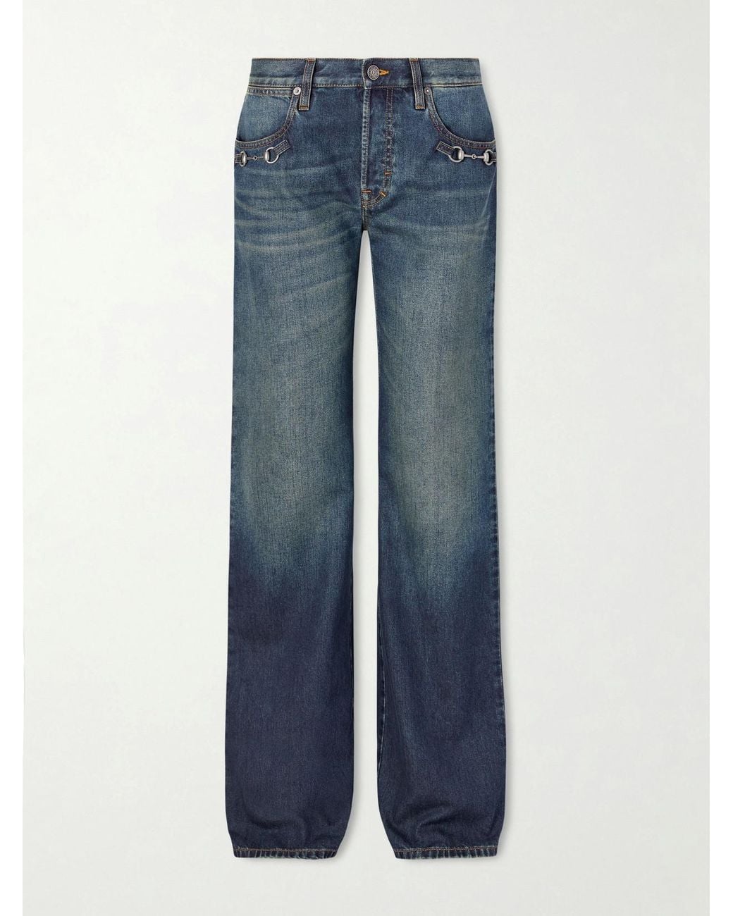 Gucci Blue Horsebit-Embellished Mid-Rise Wide-Leg Jeans