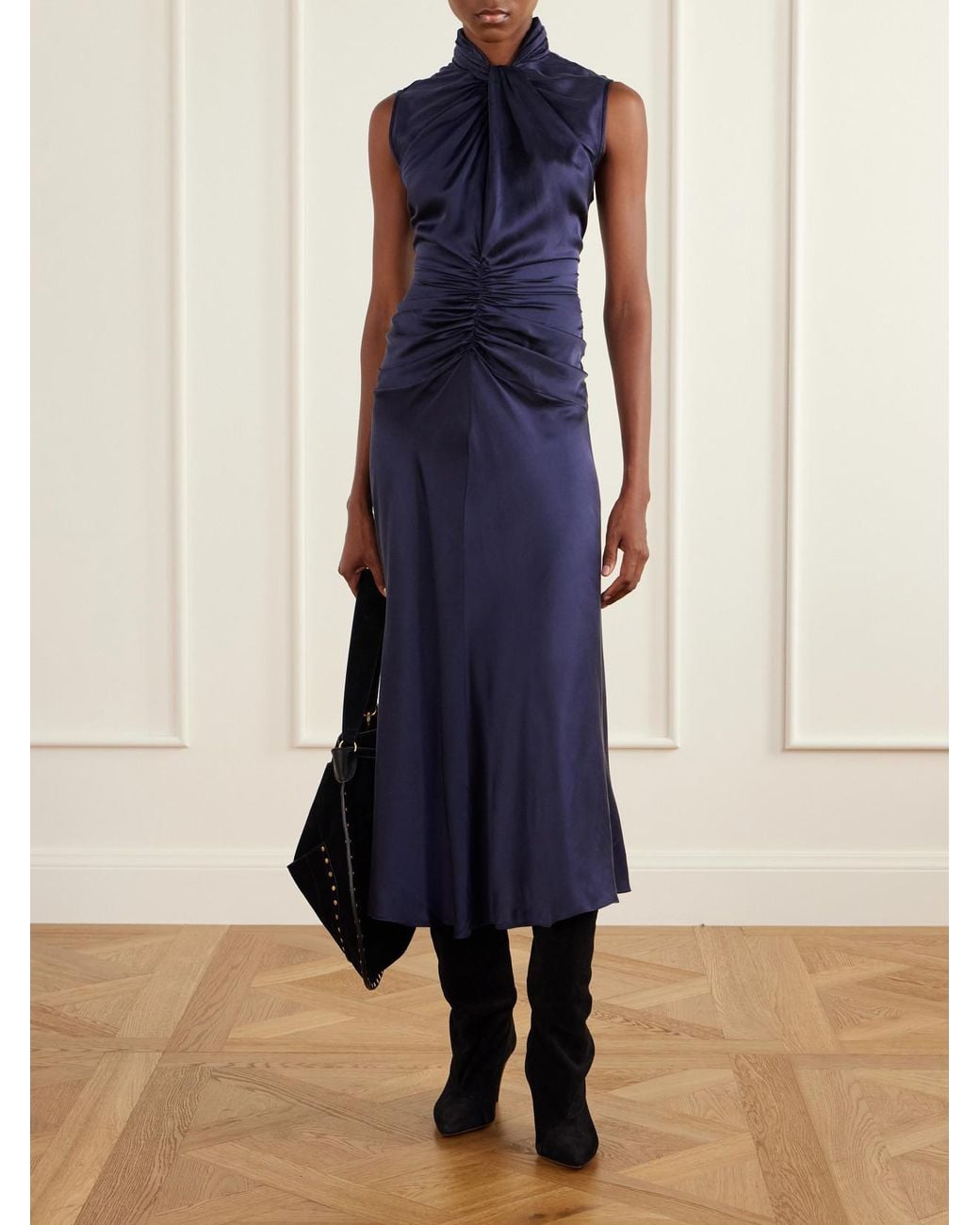 Isabel Marant Blue Delfi Gathered Twist-Front Silk-Satin Midi Dress