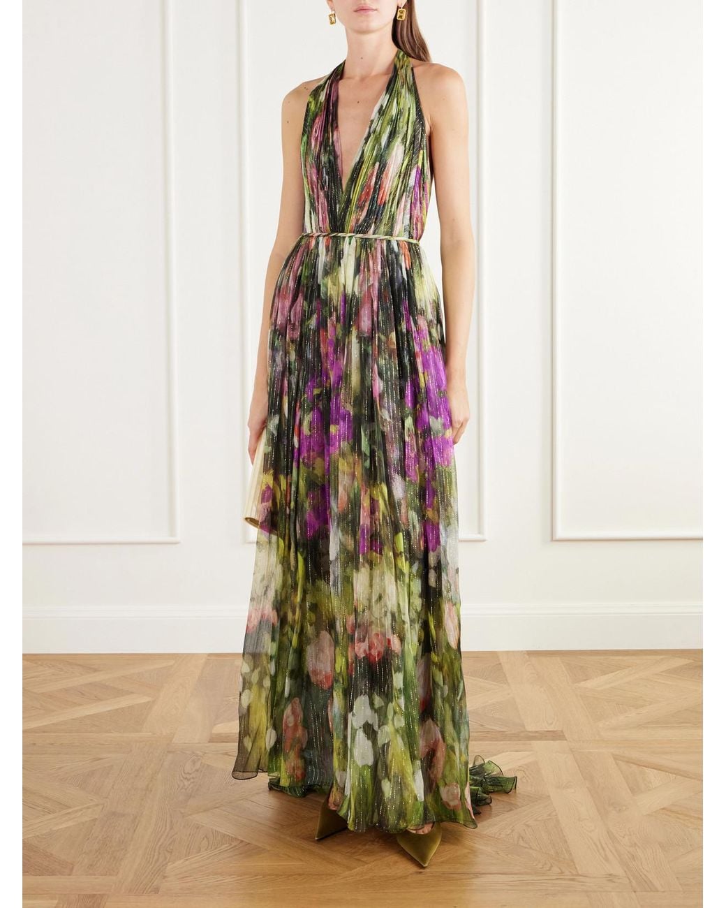 Oscar de la Renta White Belted Tie-Detailed Floral-Print Silk-Blend Chiffon Halterneck Gown