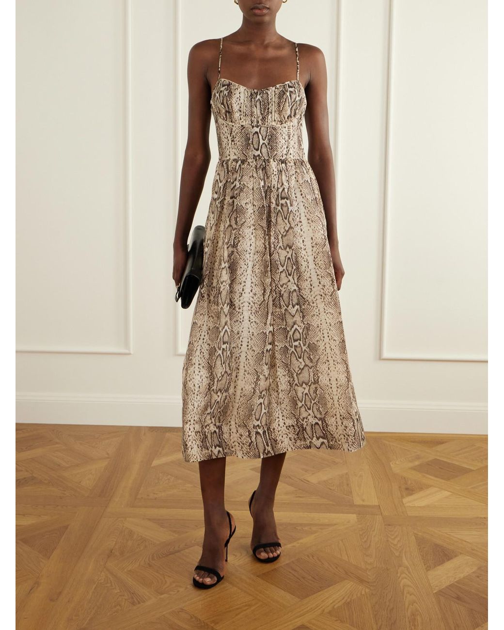 Cara Cara Natural Alba Gathered Snake-Print Linen And Silk-Blend Organza Midi Dress