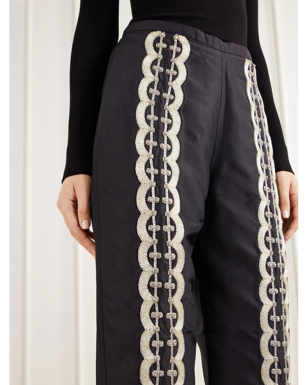 Kallmeyer Black Nadja Embellished Silk Satin Straight-Leg Pants