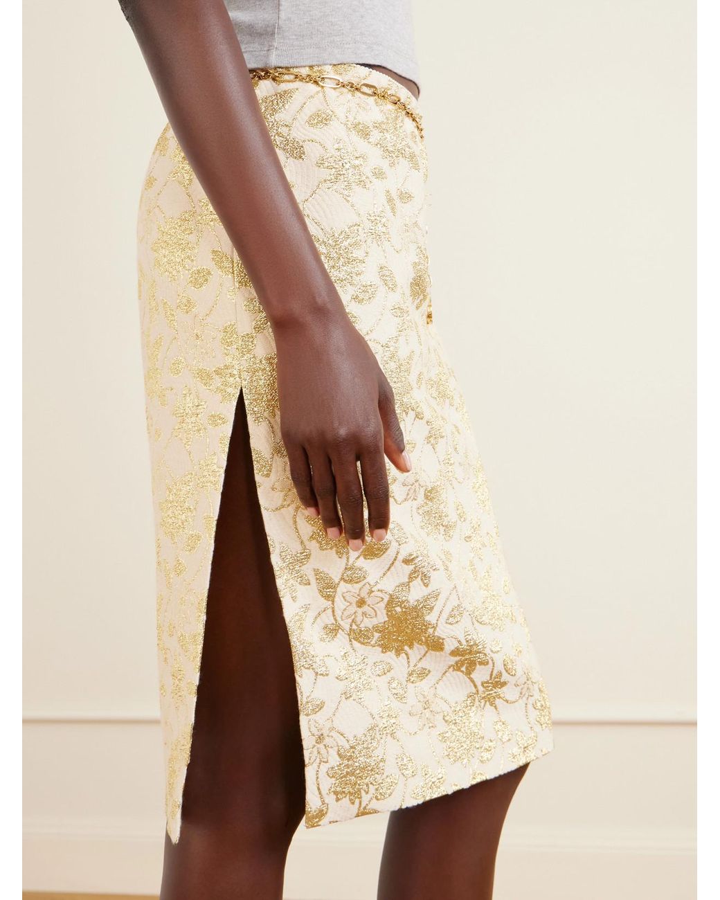 Saint Laurent Natural Floral-Brocade Midi Skirt