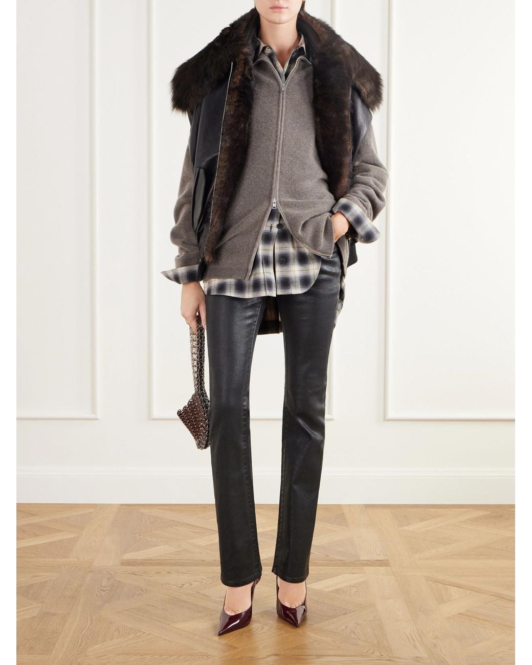 Rabanne Black Shearling-Trimmed Leather Jacket