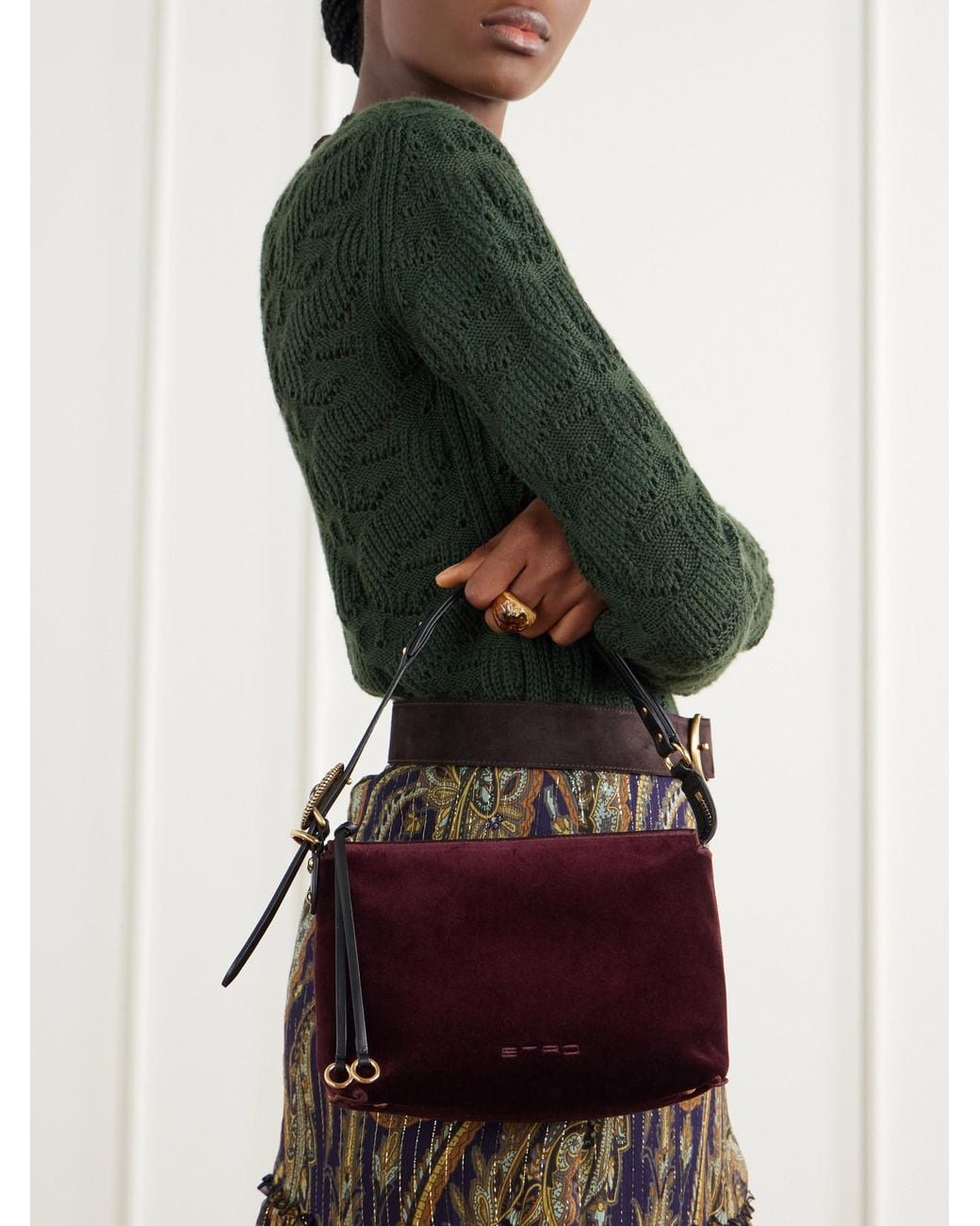 Etro Logo-Embroidered Leather-Trimmed Velvet Shoulder Bag