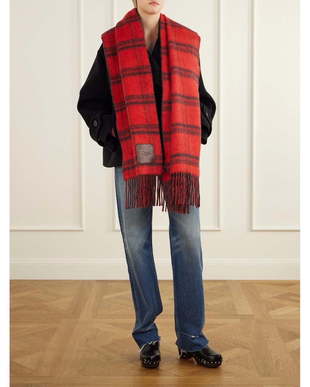 Chloé Red Logo-Debossed Fringed Checked Leather-Trimmed Alpaca And Wool-Blend Scarf