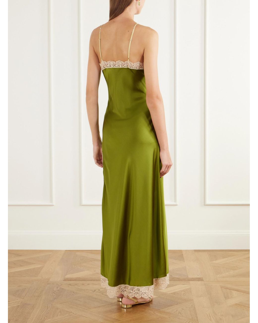 Miguelina Green Bead-Embellished Crochet-Trimmed Silk-Blend Satin Maxi Dress