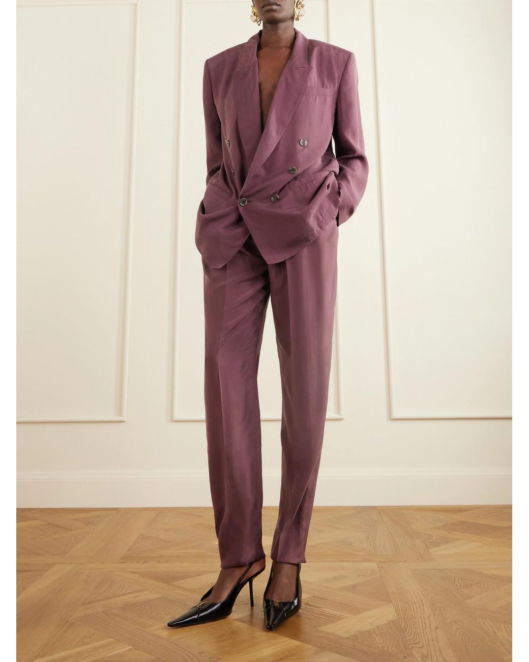 Saint Laurent Purple Double-Breasted Silk-Habotai Blazer