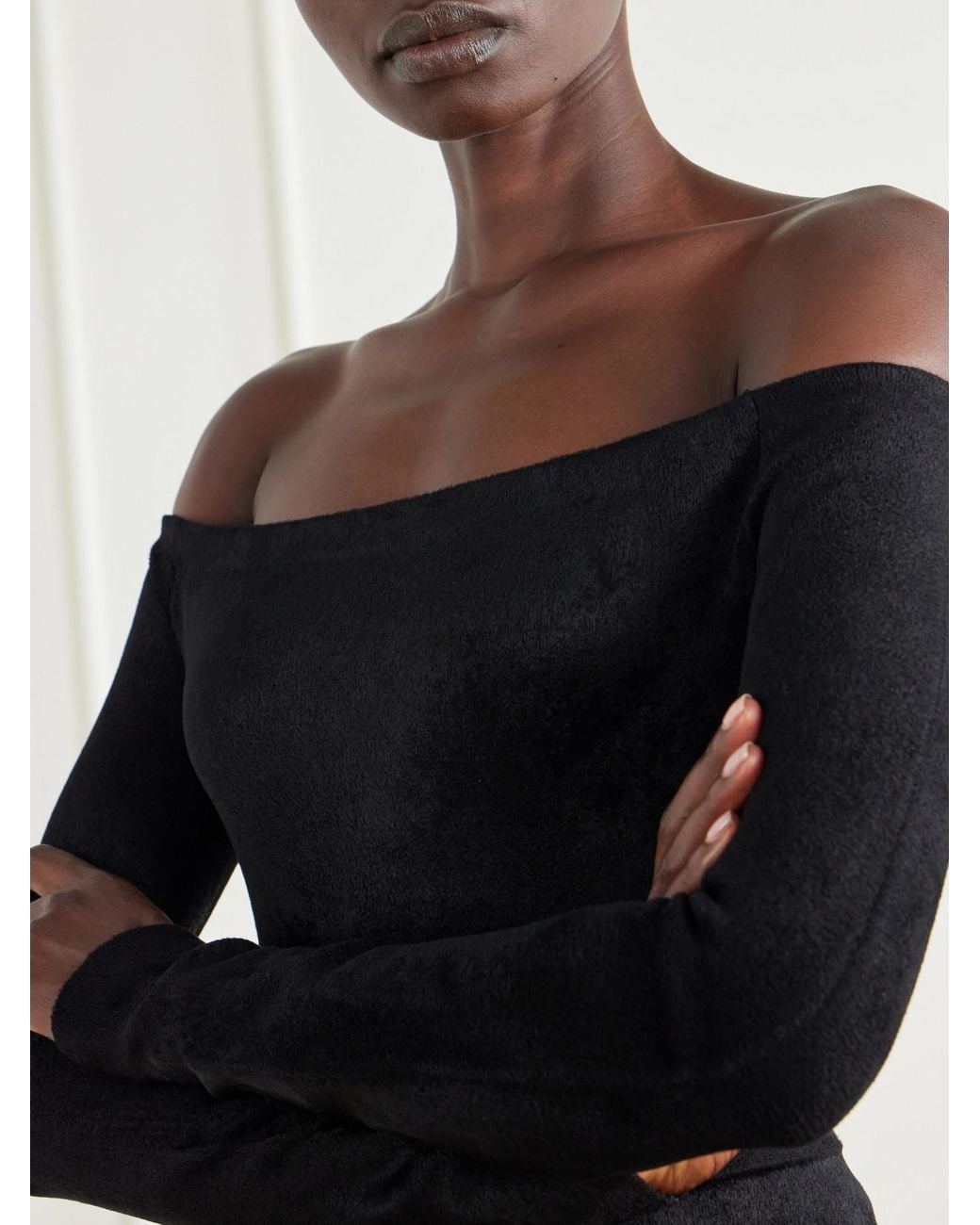 Alaïa Black Off-The-Shoulder Velvet Bodysuit