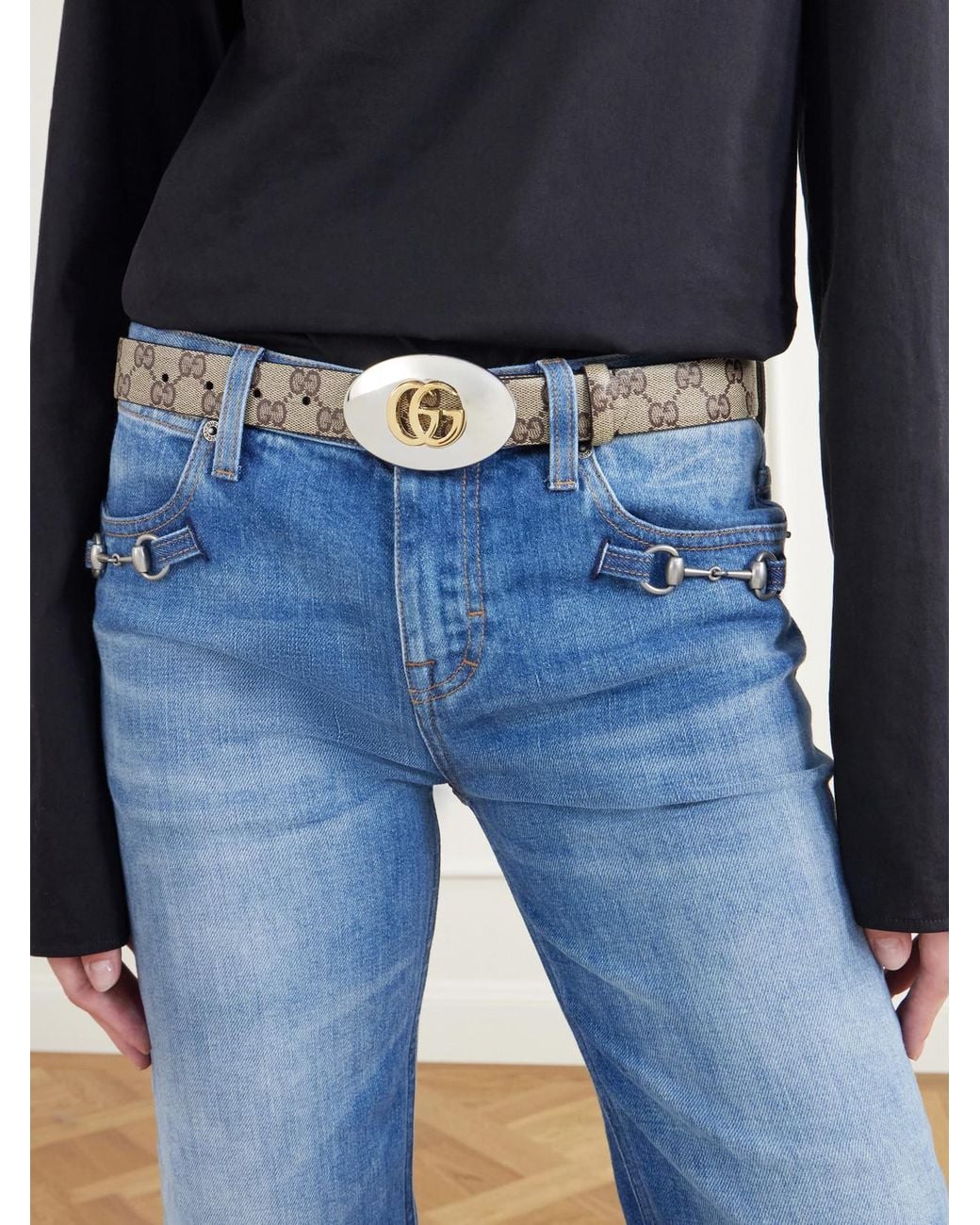 Gucci Metallic Gg Plaque Printed Coated-Canvas And Leather Belt
