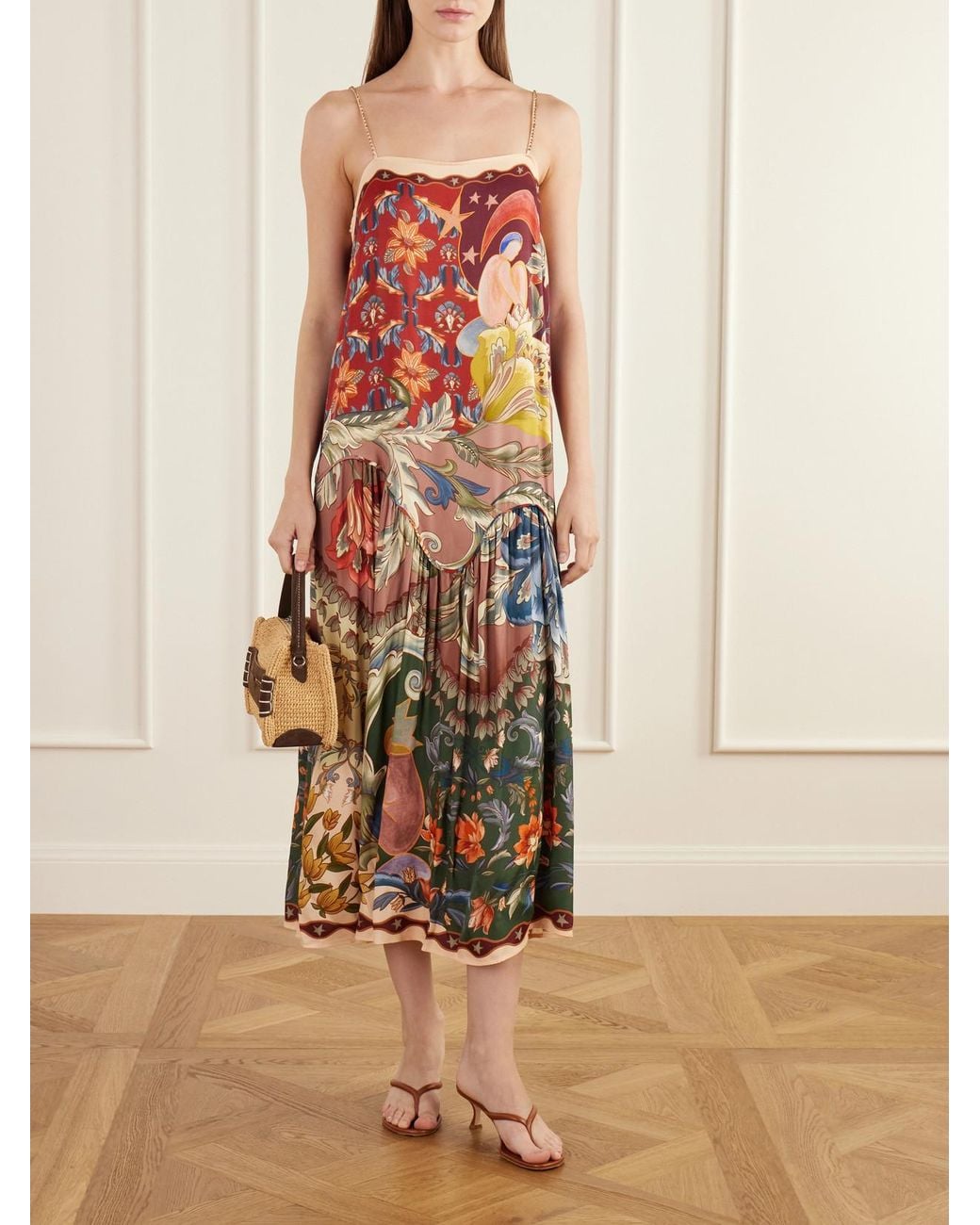 Farm Rio White Lunar Boho Bead-Embellished Gathered Printed Satin Midi Dress