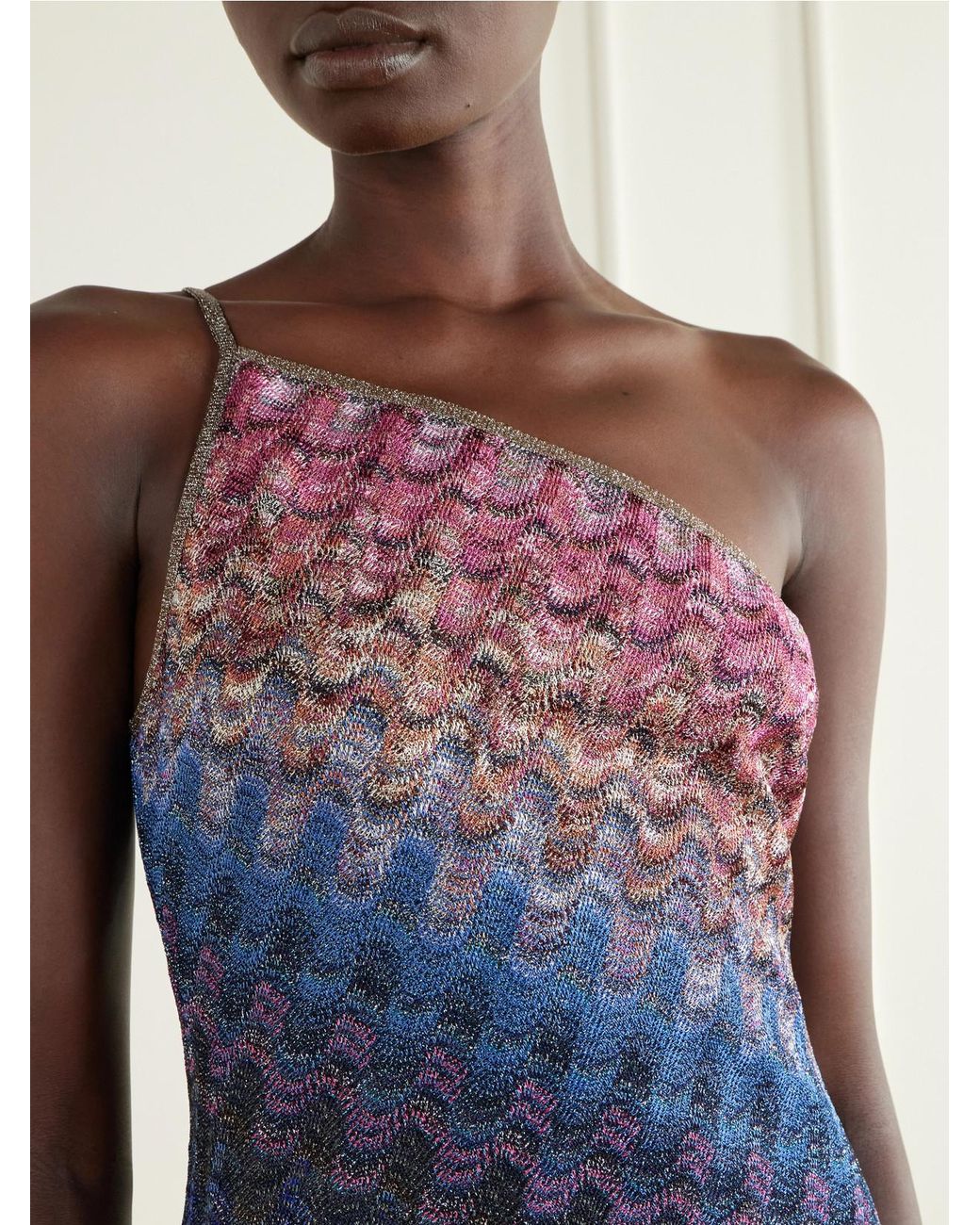Missoni Blue One-Shoulder Metallic Crochet-Knit Mini Dress