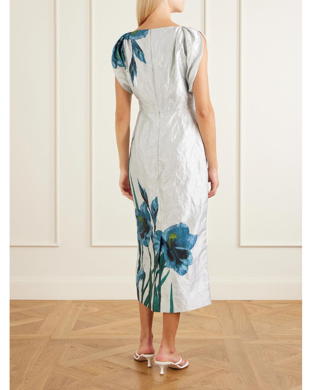 Erdem Blue Floral-Print Textured Satin Midi Dress