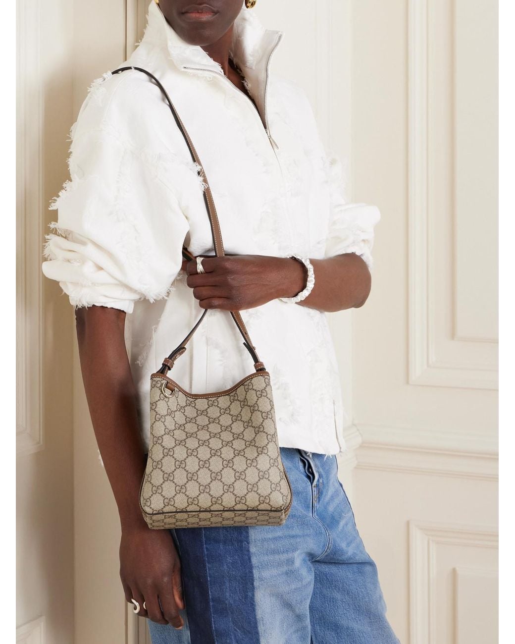 Gucci Natural Gg Emblem Leather-Trimmed Coated Canvas-Jacquard Top-Handle Bag