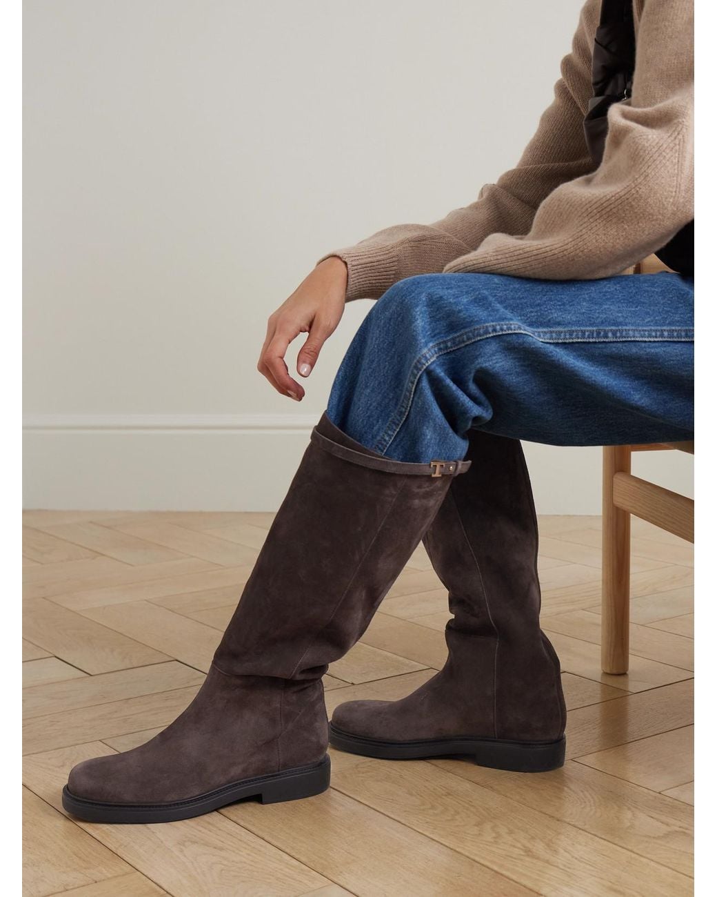 Tod's Brown Embellished Suede Knee Boots