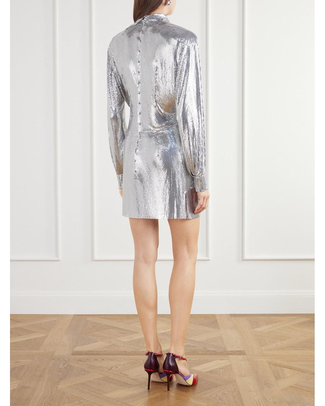 Rabanne White Draped Chainmail Turtleneck Mini Dress
