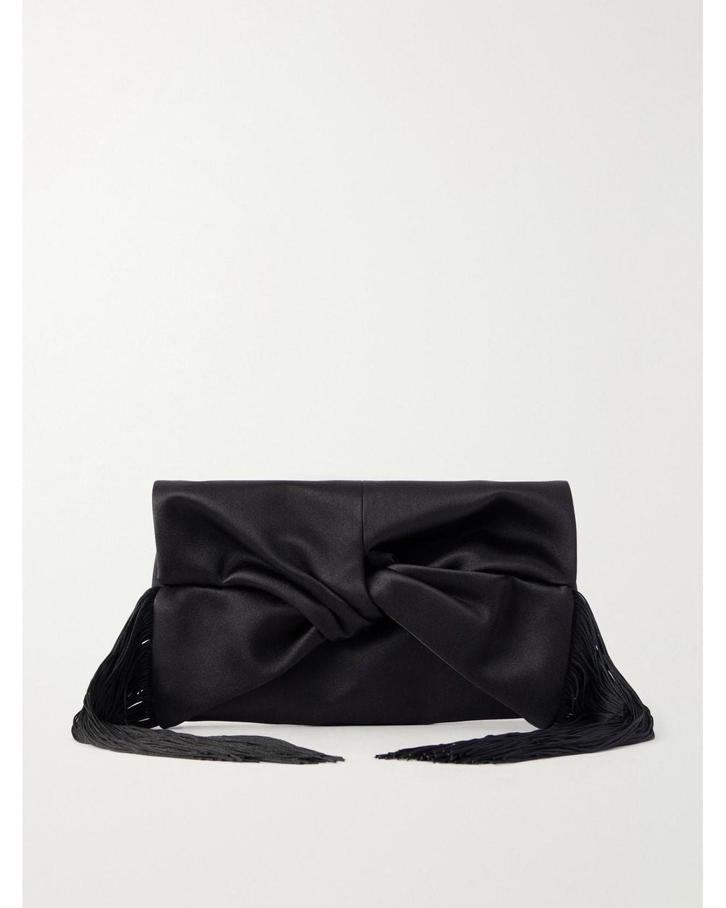Anya Hindmarch Black Bow Fringed-Trimmed Satin Clutch