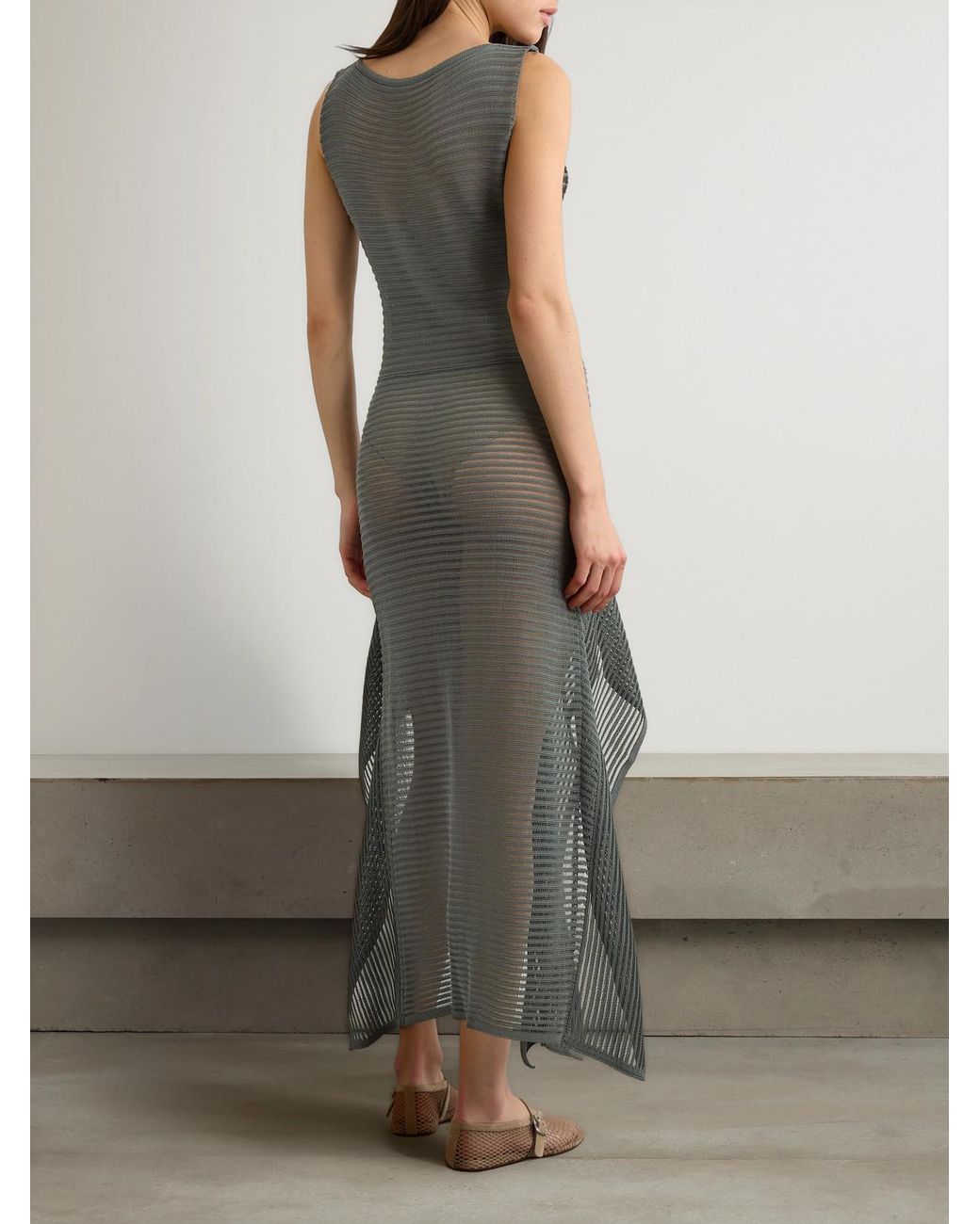 Alaïa Gray Ruffled Ribbed Open-Knit Cotton-Blend Midi Dress