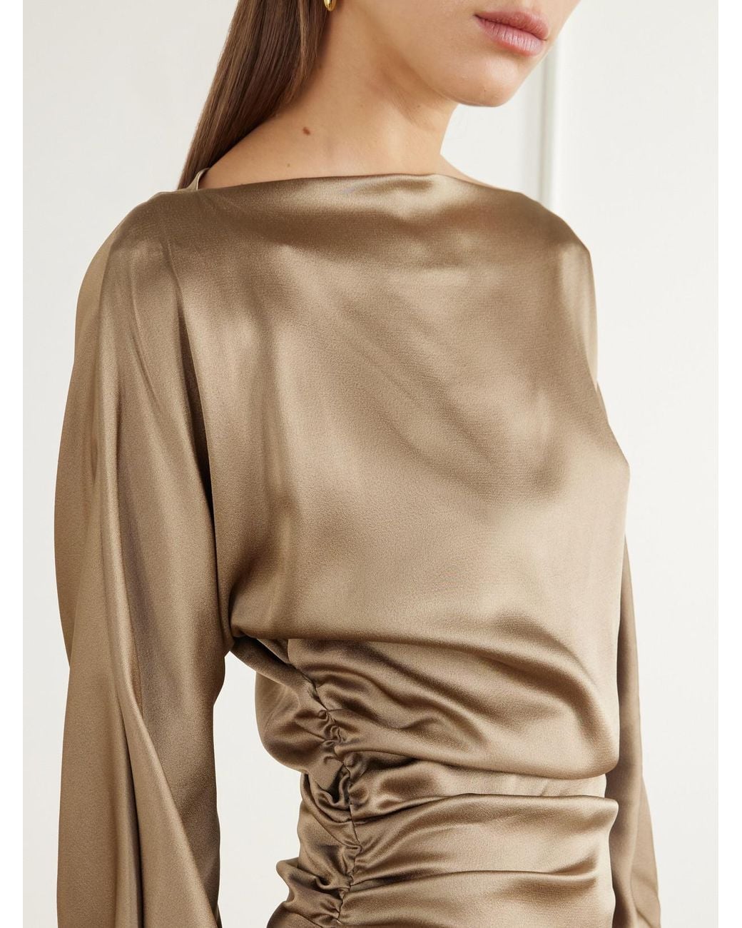 BERNADETTE Natural Ezra Ruched Satin Midi Dress