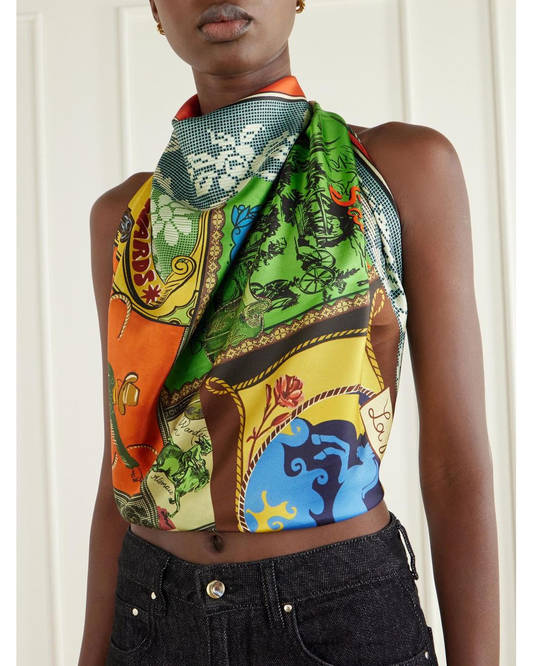 ALÉMAIS Green Ace Printed Silk-Twill Scarf
