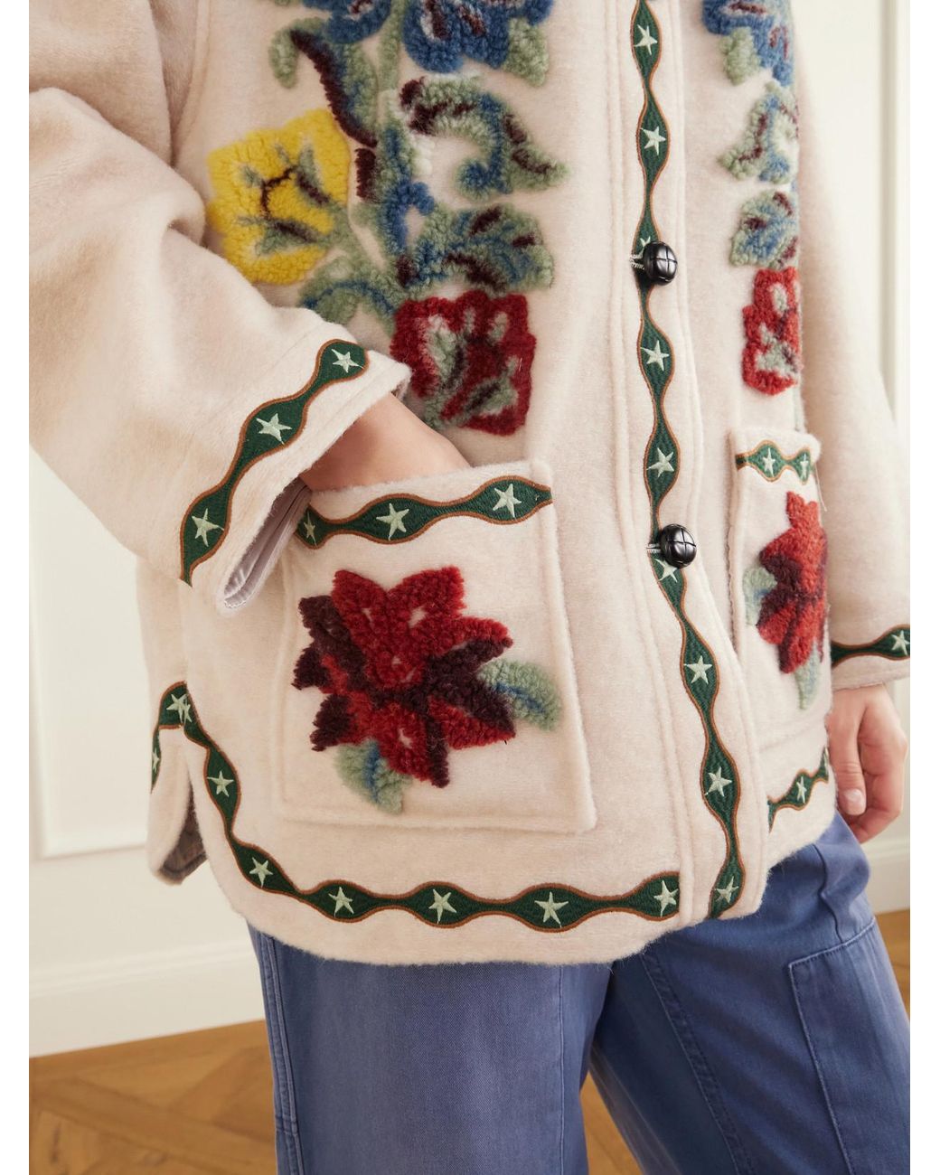 Farm Rio White Embroidered Tufted Fleece Coat