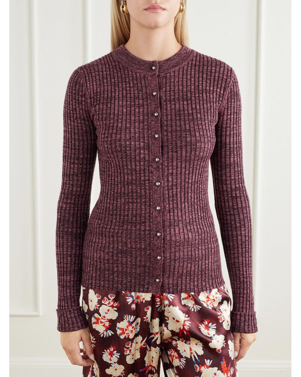 Rabanne Purple Ribbed Wool And Silk-Blend Cardigan