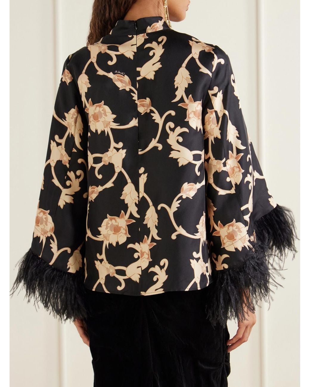 LaDoubleJ Black Make An Exit Feather-Trimmed Printed Silk-Twill Blouse