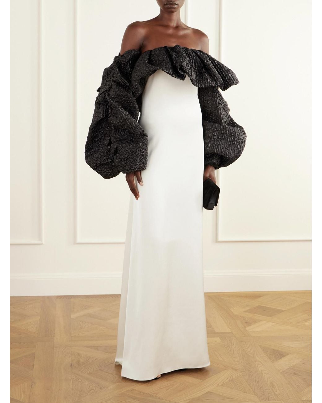 Dima Ayad Black Off-The-Shoulder Cloqué-Trimmed Satin Gown