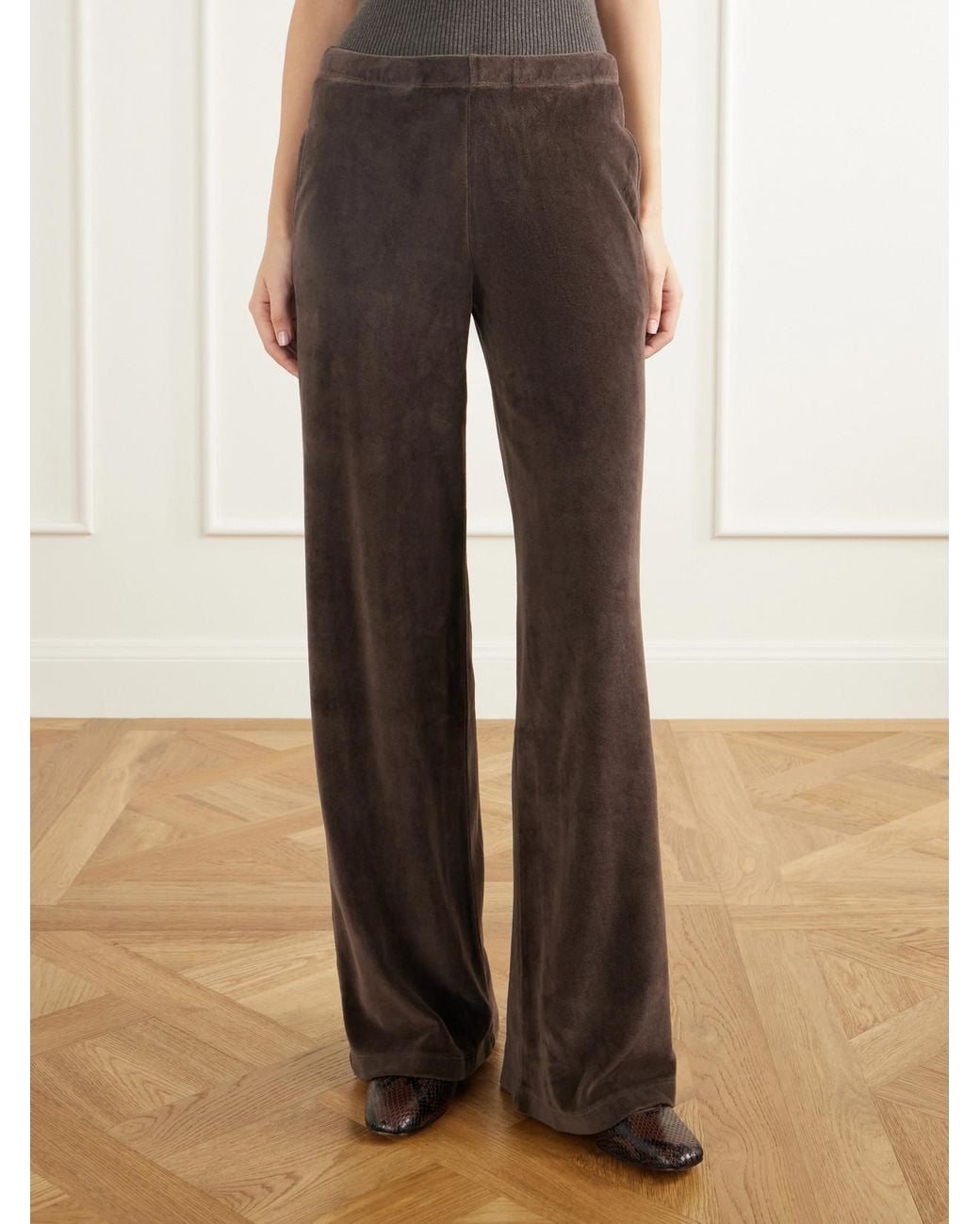 Suzie Kondi Brown Pantaloni Cotton-Blend Velour Wide-Leg Pants