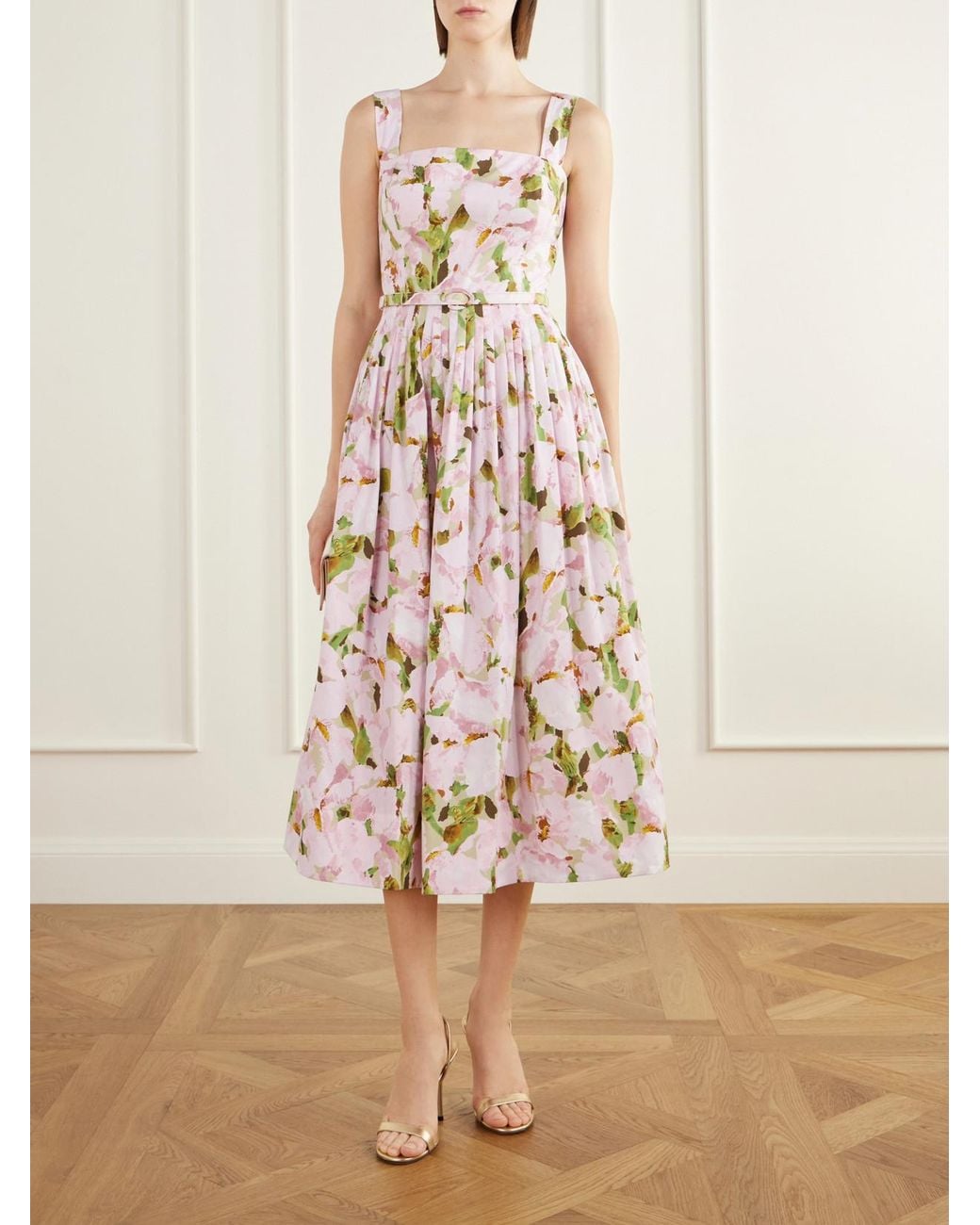 Oscar de la Renta White Belted Pleated Floral-Print Cotton-Blend Poplin Midi Dress
