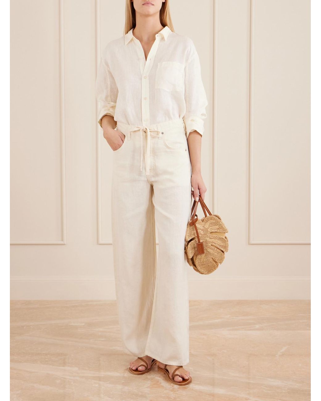 Staud Metallic Palm Leather-Trimmed Raffia Top Handle Bag