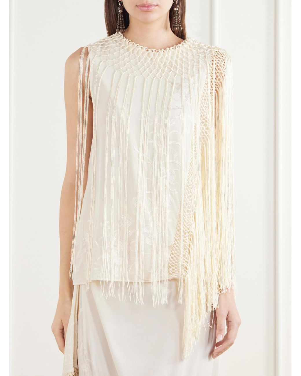Ulla Johnson White Willa Fringed Embroidered Silk-Crepe De Chine Blouse