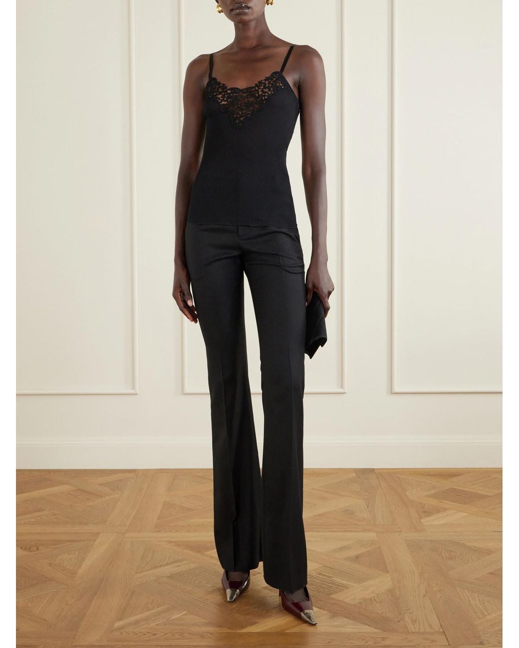 Saint Laurent Black Lace-Trimmed Ribbed Silk Tank