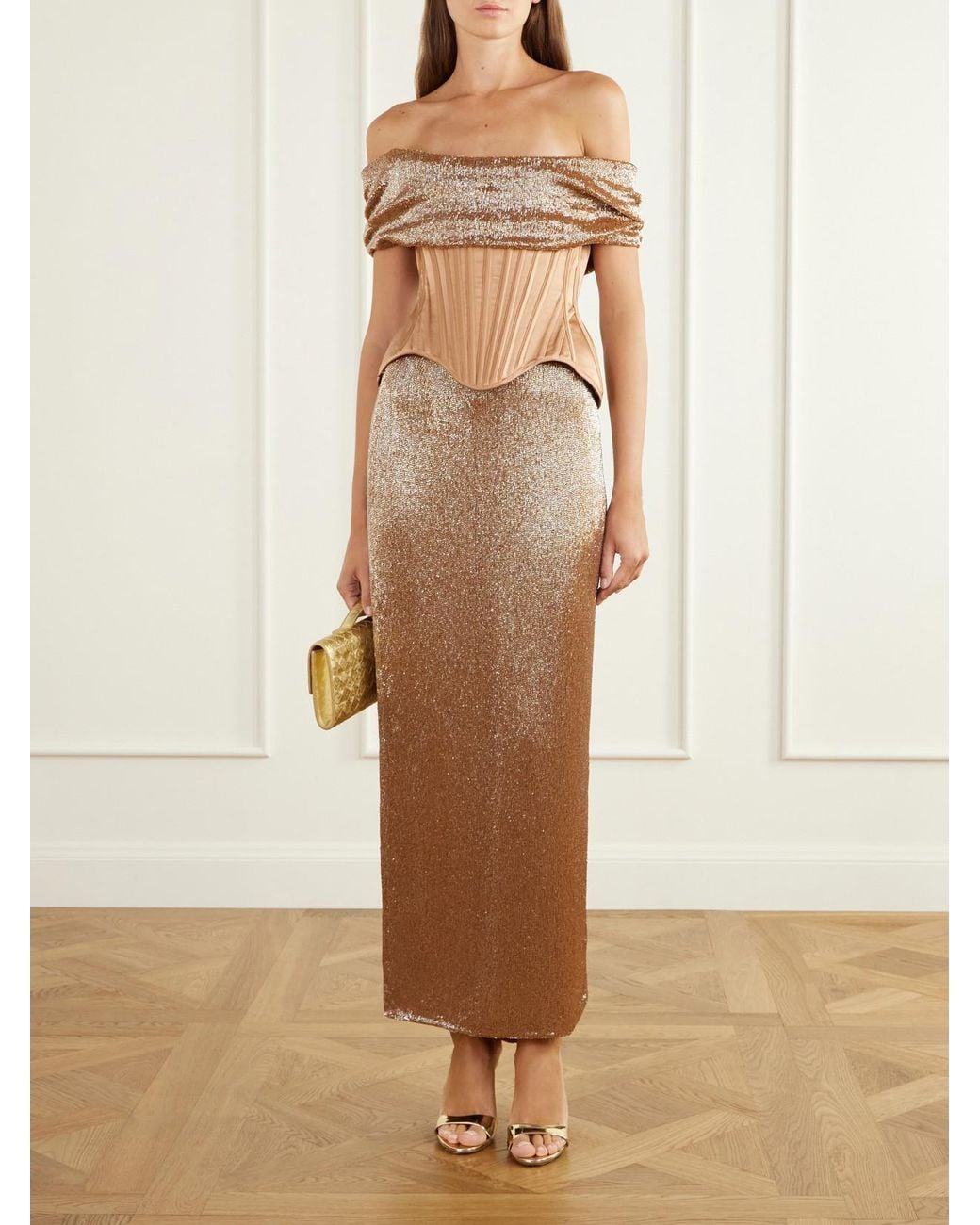 Wiederhoeft Natural Bead-Embellished Mesh Midi Skirt