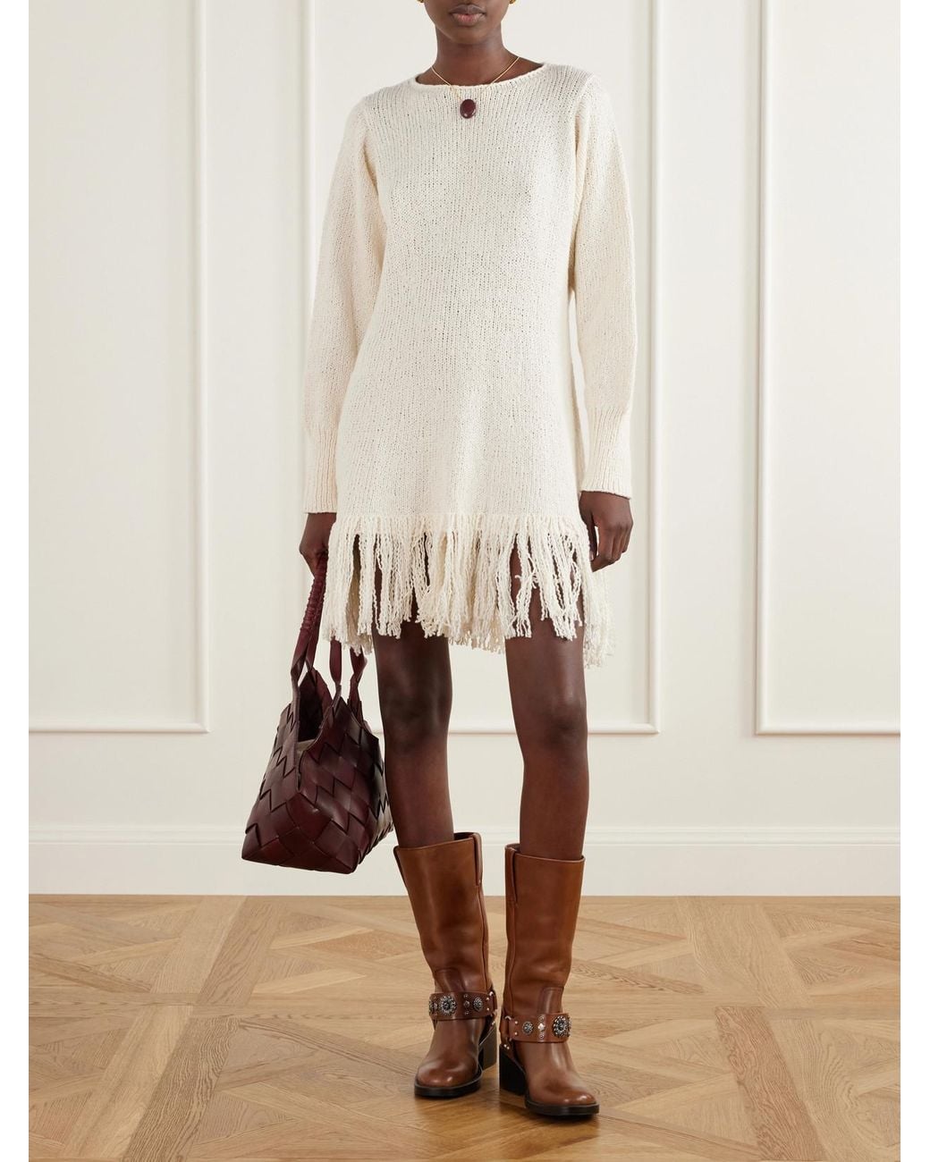 Alix Of Bohemia Natural Renny Fringe-Detailed Knitted Cotton Mini Dress