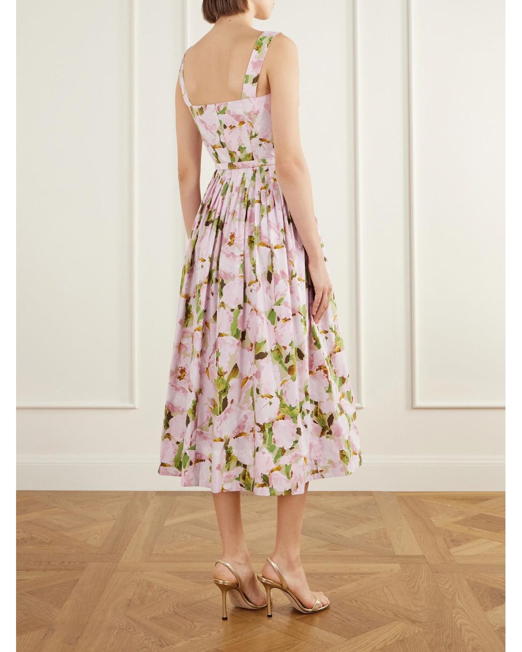 Oscar de la Renta White Belted Pleated Floral-Print Cotton-Blend Poplin Midi Dress