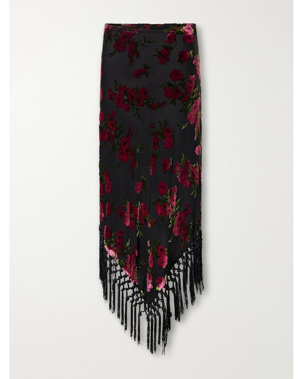 Anna Sui Black Asymmetric Floral-Flock Fringe-Trimmed Crepe Midi Skirt