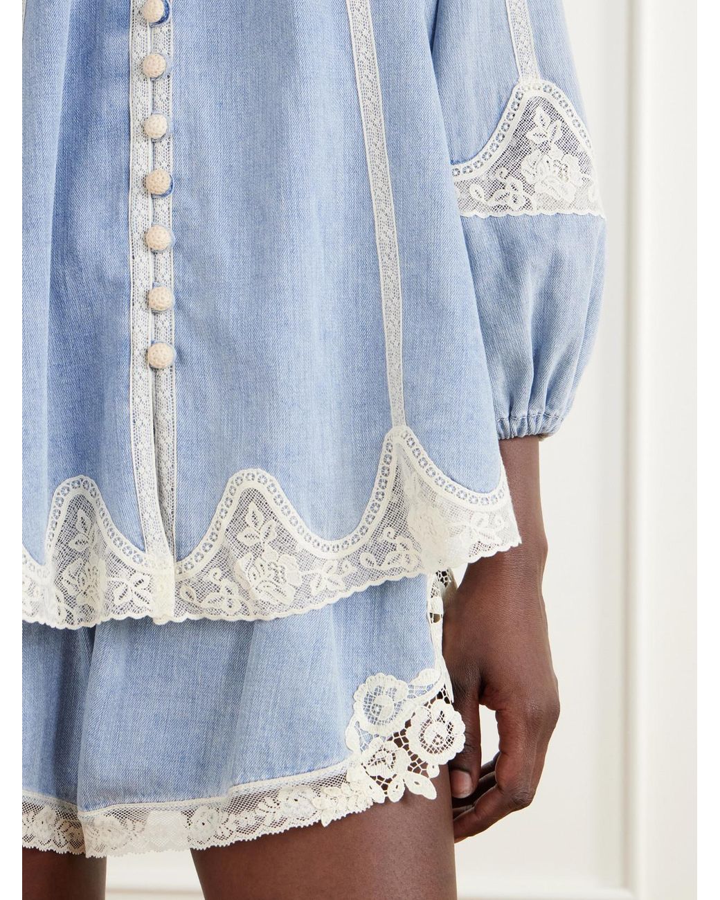 Zimmermann Blue Fairlight Lace-Trimmed Denim Blouse