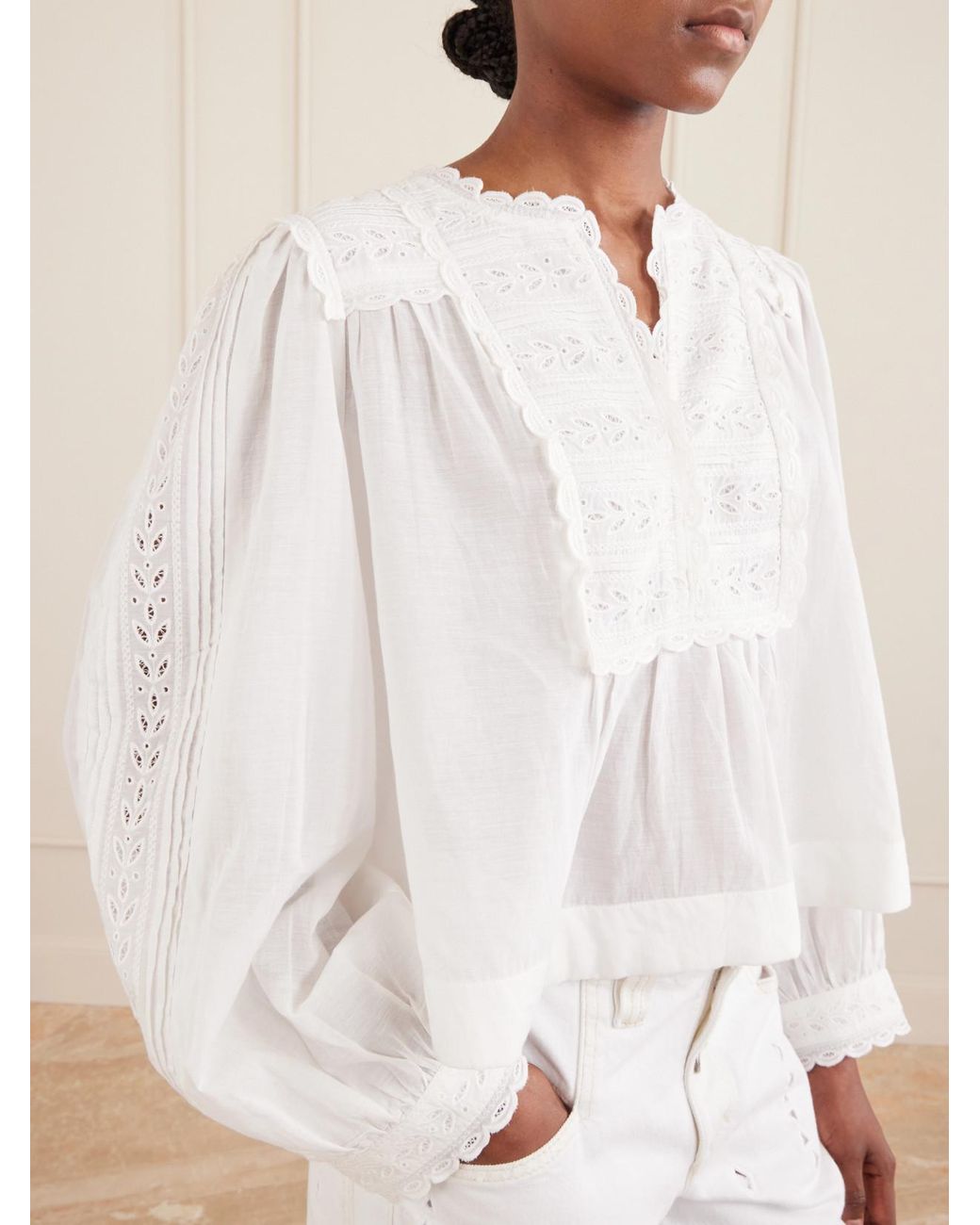 Sea White Eliza Broderie Anglaise-Trimmed Cotton-Blend Blouse