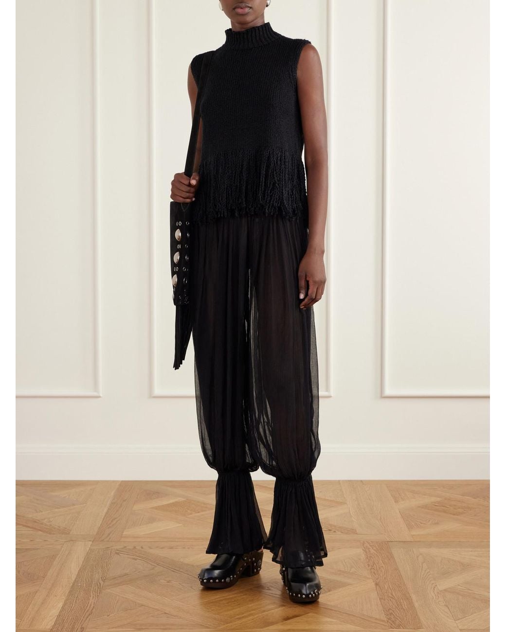Alix Of Bohemia Black Keats Onyx Gathered Chiffon Tapered Pants