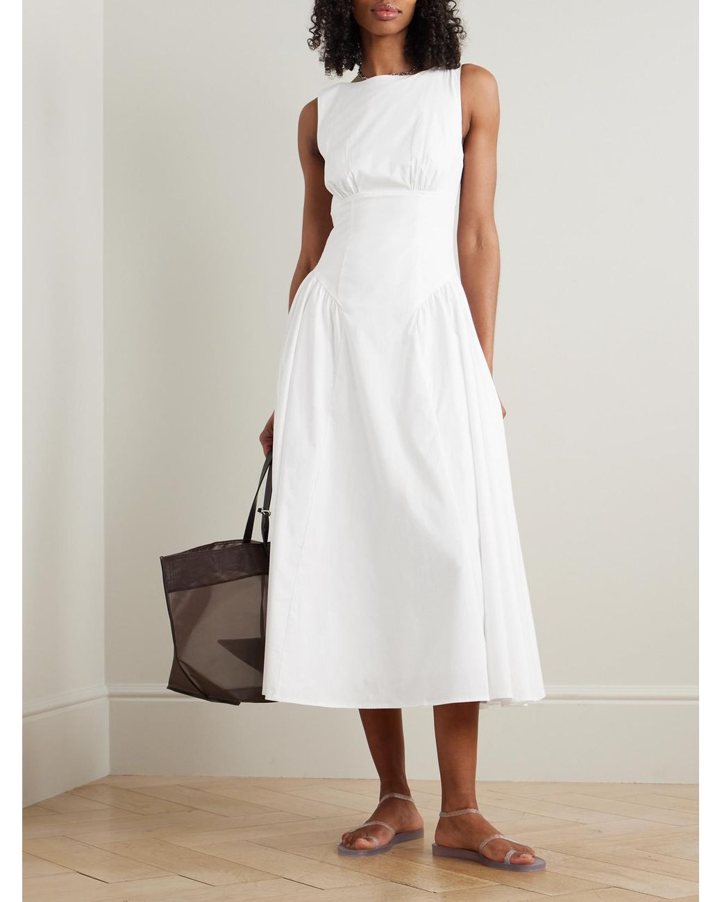 Staud White Gwen Paneled Pleated Cotton-Blend Poplin Midi Dress