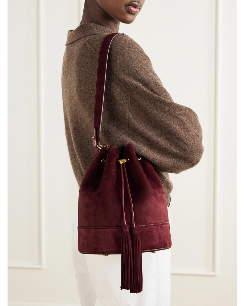 Gianvito Rossi Red Sienna Tasseled Suede Drawstring Bucket Bag